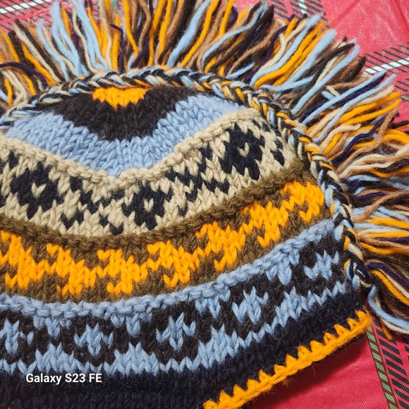 Handmade Wool Mohawk Beanie Hat with Tassels and Ear Flaps Made in Nepal - Picture 3 of 9